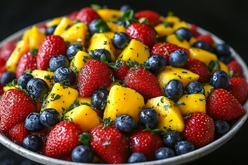 Obraz premium Delicious Summer Fruit Salad with Mango Strawberries and Blueberries