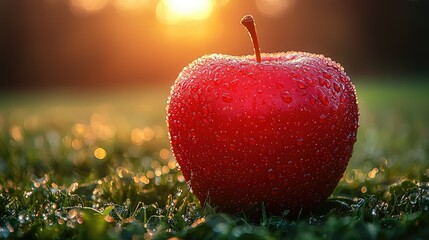 Dew Covered Red Apple In Morning Sunlight