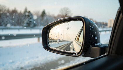 Snow-covered side mirror reflecting snowy highway, winter journey
