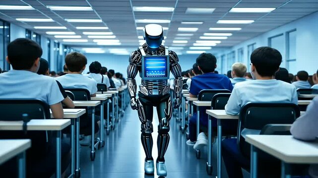 A cybernetic teaching assistant walks between rows of desks, scanning student responses in real-time and adjusting the curriculum based on learning speeds.
