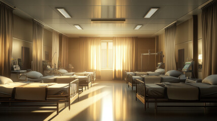 A tranquil hospital room features rows of neatly arranged beds, warm sunlight streaming through curtains, creating a serene atmosphere