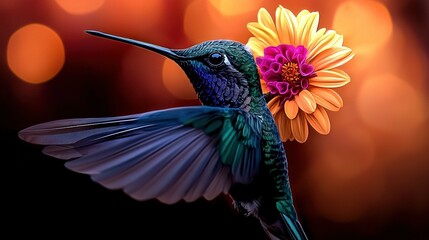 Obraz premium A close-up image of a hummingbird carrying a flower in its beak against blurred background lights