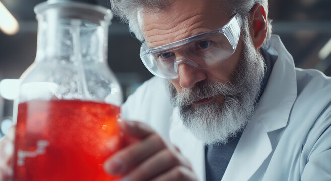 Scientist examines beaker filled with red liquid while conducting an experiment in a well-equipped laboratory environment