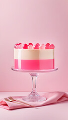 A pink jelly cake, on the glass podium, isolated at neutral background. Delectable confectionery. Candy bar for birthday party, anniversary event, summer holiday. Copy space