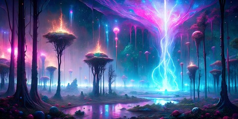 Obraz premium Vibrant cosmic forest illuminated by mystical light and colorful fungi at twilight