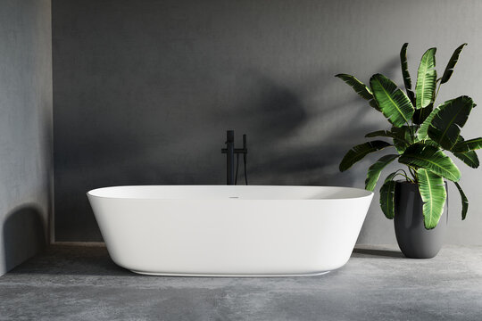 Modern bathroom interior with a freestanding bathtub, wooden slatted wall, round backlit mirror, and green floating vanity near a large window. 3D rendering. - Powered by Adobe