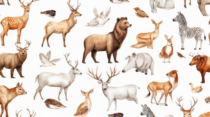 Wild animal and bird seamless pattern background for hunting sport themes design. Forest deer, bear and duck, african safari elephant, lion and giraffe, rhino, hippo and zebra, hare, elk and boar