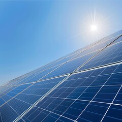 Solar panels under a bright sun and blue sky. Clean, renewable energy generation using solar power technology.

