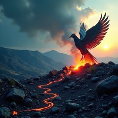 Ash-covered landscape, phoenix silhouette emerges , design, power