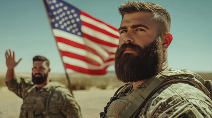 Fototapeta premium A soldier with a beard wearing a camouflage uniform stands confidently near an American flag, while another soldier waves in the background