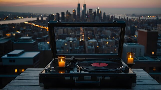 A vintage record player on a rooftop at sunset, surrounded by glowing candles, overlooking a dreamy city skyline. The warm ambiance creates a nostalgic and romantic atmosphere, blending music and sere