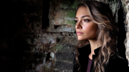 Fototapeta premium Pensive adult caucasian female with wavy hair in rustic setting