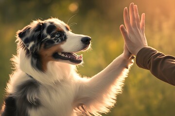 Cute dog give five to owner. National dog day. Best friend and good relationship, friendship between human and animal concept for poster and banner