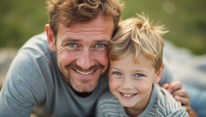 A happy father and his young son are embracing, both beaming with joy against a soft, natural background. Their close bond radiates love and happiness, capturing a precious moment of togetherness and