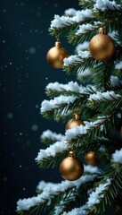 Obraz premium Snowy evergreen branches with golden ornaments against dark background, frost, twinkling