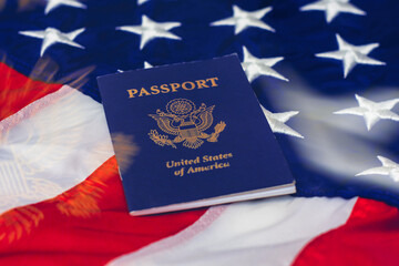 USA passport with flag, symbolizing travel, and citizenship United State of American.