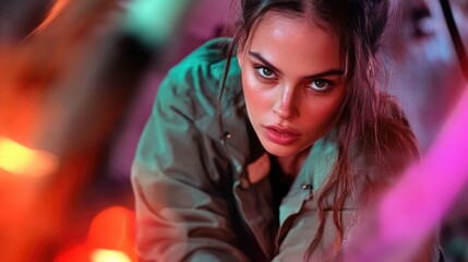 Fototapeta premium Young caucasian female with intense gaze in colorful lighting setup