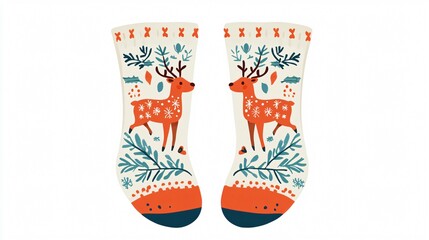 Christmas Knitted Socks With Reindeer Ornament Hanging Isolated On White Background