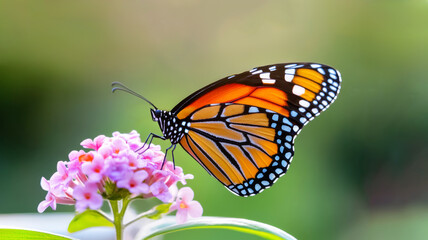 Fototapeta premium Vibrant monarch butterfly on pink blossoms.