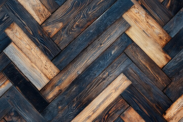 Dark and light wooden herringbone parquet flooring with rustic charm
