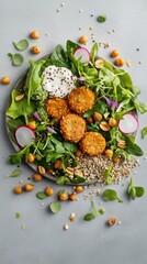 artistic flat lay composition featuring plant-based protein with crunchy elements, styled for vibrancy and balance., spread of roasted chickpeas, crispy lentil patties, and quinoa clusters