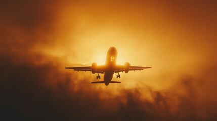 Passenger Airplane Ascending into the Sky at Dawn, Illuminated by the Golden Light of the Rising Sun