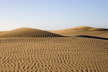Naklejka premium Maspalomas Dunes in Gran Canaria. Textured sand dunes with patterns, shadows, and faint footprints.
