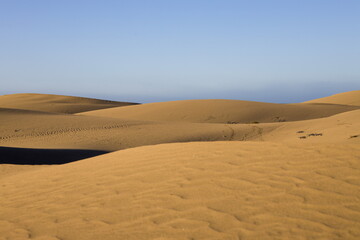 Maspalomas Dunes in Gran Canaria. Textured sand dunes with patterns, shadows, and faint footprints.