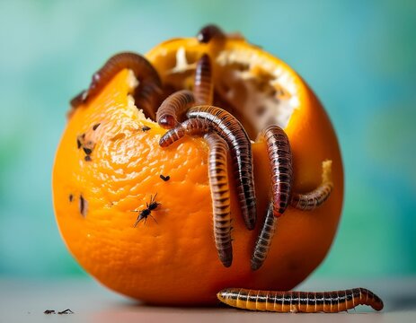 Generated image Worms feasting on a half-eaten rotting orange, showcasing nature's decomposition process