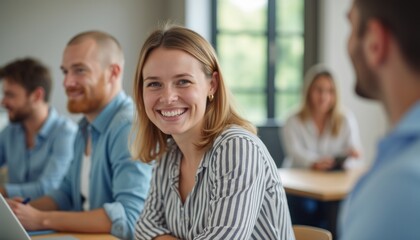 Obraz premium A cheerful woman with blonde hair smiles warmly at the camera, surrounded by colleagues engaged in a productive meeting. The atmosphere is vibrant and collaborative, highlighting teamwork and positive