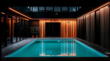 Indoor pool, modern design, night lighting, plants, relaxation