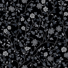 Gray Embroidered Flowers on Black Background pattern