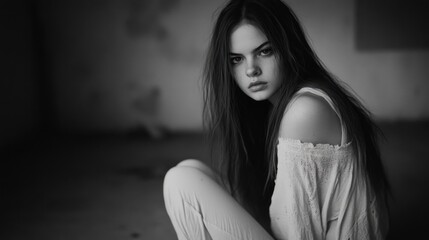 Naklejka premium Young caucasian female in thoughtful pose, long hair, monochrome