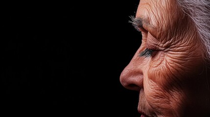 Fototapeta premium Profile of elderly female with wrinkled skin on black background
