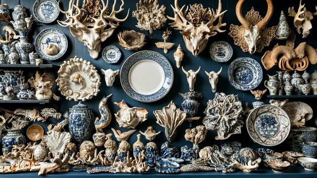 Intricate display of ceramics and taxidermy on dark wall highlighting artistic craftsmanship and natural elements