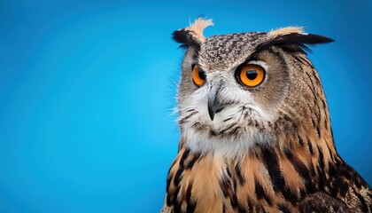 Fototapeta premium Majestic Eagle Owl Perched Against a Vibrant Blue Backdrop, Showcasing Striking Detail and Captivating Beauty in an Artistic Portrait.