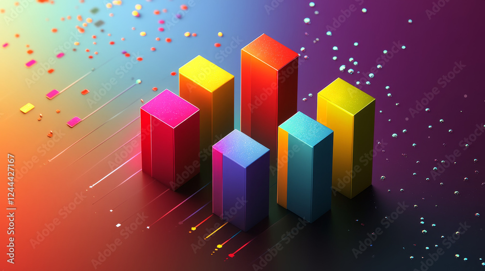 Poster two colourful fluctuating bar graphs viewed from a high angle, one in red and one multicoloured with