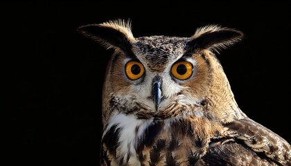 Fototapeta premium Striking Great Horned Owl in Monochromatic Majesty Against a Black Background at Twilight, Perfect for Digital Art, Home Decor, or Design Inspiration