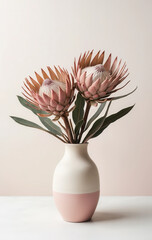 Obraz premium Minimalistic composition of a king protea flower in a pastel ceramic vase on a soft white background. Vertical