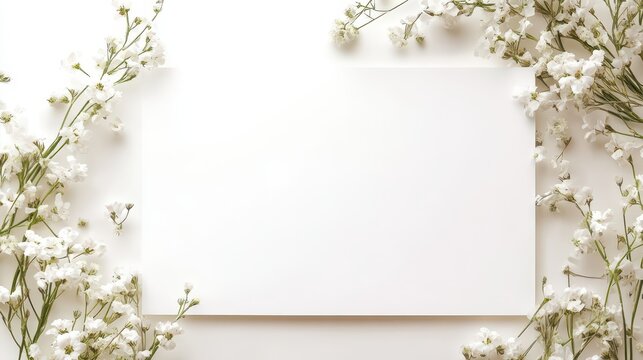 Elegant first communion template with white floral border for invitations and announcements. Template with white poster and white flowers. Copy space. For birthday, wedding