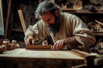 Master woodworker shaping a beautiful piece of timber in a rustic workshop setting