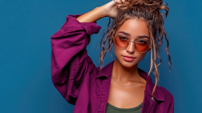 Trendy young hispanic female with sunglasses and casual purple shirt on blue background