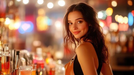 Young caucasian adult female smiling at lively bar with colorful lights