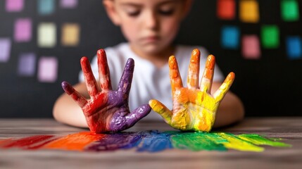 Child with painted hands creating colorful art on blackboard background