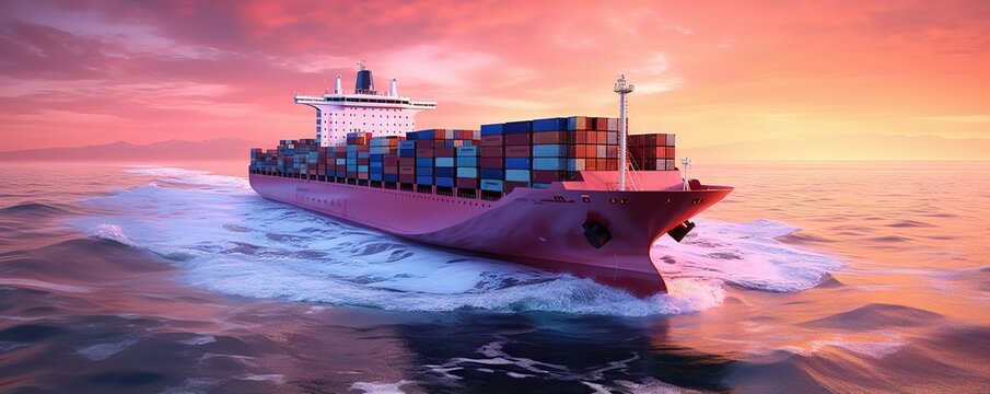 Large container cargo ship sailing in ocean at dramatic purple sunset. Maritime transportation concept for World Maritime Day, National Maritime Day and shipping industry. Copy space in sky
