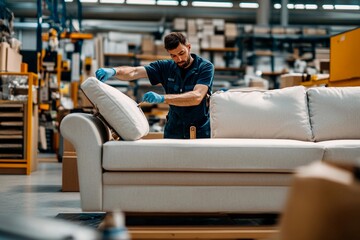 Skilled craftsman assembles a comfortable sofa in a modern furniture factory