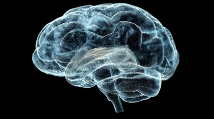 3D rendering of stock hardware concept with a glowing blue brain circuit on a microchip mounted on a computer motherboard, designed for big data processing, AI trading, and machine learning in a