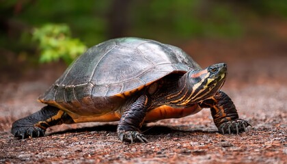 Obraz premium Striking Wood Turtle Stroll in a Canadian Forest Majestic Reptile Exploring Autumnal Landscape Amidst Rich Earthy Hues and Rustic Textures