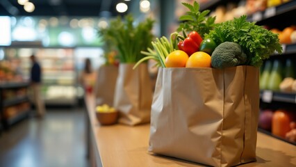 A shopping bag filled with healthy foods such as fruits, vegetables, whole grains, and lean proteins, promoting the importance of fresh, wholesome ingredients for a healthy diet.