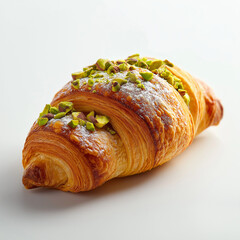 Köstlicher Blätterteig-Croissant mit Pistazien und Puderzucker

